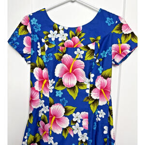 Vtg Ui-Maikai Hawaiian Maxi Dress Blue Pink Hibiscus Hawaii 60s 100% Cotton Soft